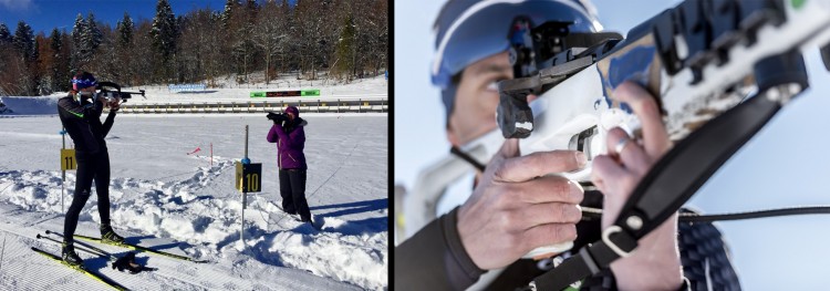 Prise de vue pour WENS : mise en avant de la sensibilité tactile de la main pour les sportifs, ici pour le biathlon